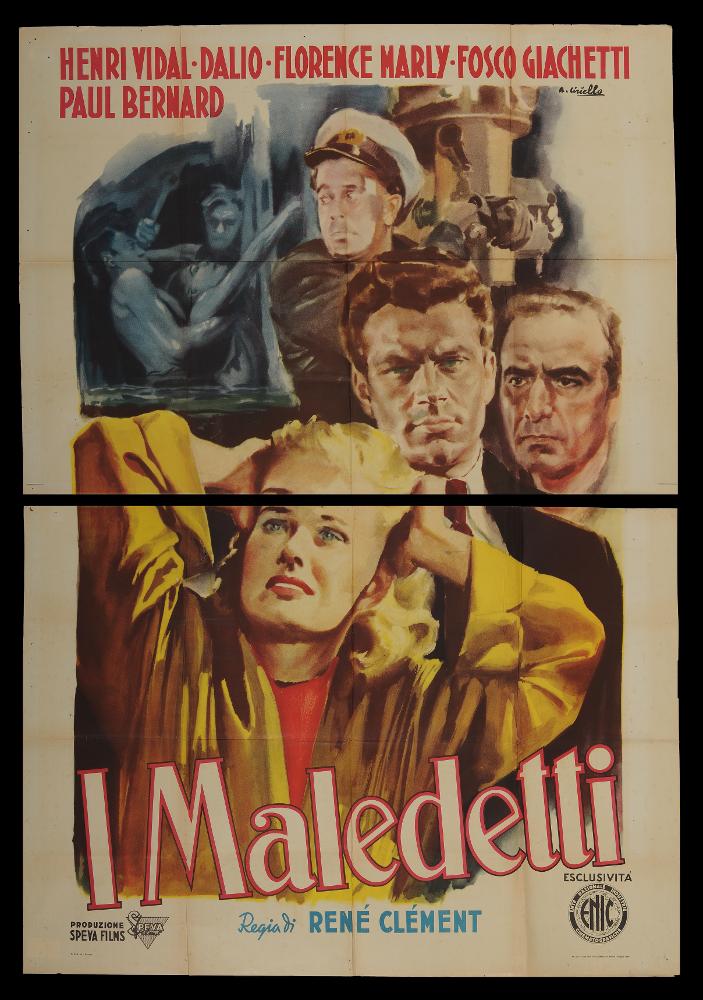 L'immagine riproduce uno dei manifesti conservati presso la Mediateca Regionale Pugliese (vedi Note). Si tratta di una delle versioni grafiche del manifesto del film in bianco e nero “I maledetti”, del 1947 per la regia di René Clément. L’illustratore del manifesto è Averardo Ciriello (Ciriello), pittore che da subito mostrò un linguaggio elaborato e uno stile pittorico colto e maturo, sia nel ritratto che nelle scene narrative. Il colore e le sfumature volumetriche hanno sempre caratterizzato le sue opere, i suoi tocchi di colore morbidi sono "emotivi" e denotano una comunicazione visiva chiara e coinvolgente. Questo manifesto è ricco della presenza di molti personaggi, quattro ritratti a colori tra i quali spicca la drammaticità espressa dalla protagonista femminile. ...