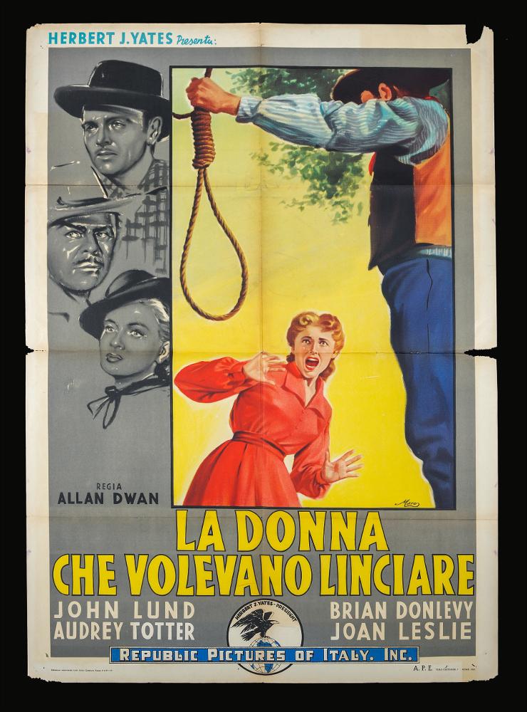 L'immagine riproduce uno dei manifesti conservati presso la Mediateca Regionale Pugliese (vedi Note). Si tratta del manifesto del film "La donna che volevano linciare", la cui illustrazione è a firma di Maro, nome d'arte di Mauro Otello Innocenti. Ligure di origine, Maro si trasferisce a Roma per intraprendere la carriera di pittore di cinema come molti, tra cui il collega Silvano Campeggi (Nano), conosciuto a Firenze. Negli anni '60 realizza opere grafiche per celebri film italiani come La ciociara, Rocco e i suoi fratelli, Il sorpasso, Estate violenta. Tocchi di colore veloci e dinamici contraddistinguono i suoi lavori, ma ancor di più il senso grafico, il lettering (che spesso realizza personalmente) che diventano parte integrante dei manifesti. Per questo film reali...