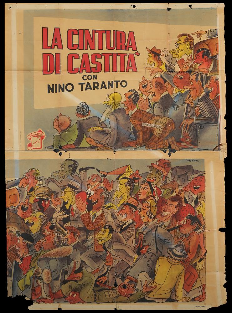 L'immagine riproduce uno dei manifesti conservati presso la Mediateca Regionale Pugliese (vedi Note). Si tratta della versione grafica per il manifesto del film “La cintura di castità” del 1950. Majorana (o Maiorana) firma le belle illustrazioni di questa composizione, un manifesto che sembra formato dall'insieme di due metà ognuna occupata da due scene. L'artista raffigura il pubblico che vivacemente e caoticamente assiste alla proiezione del film (come si legge sul grande schermo rappresentato). Il bello stile fumettistico, colorato e fresco, è tipico di Majorana, uno stile in cui il pubblico, vero, può immedesimarsi con ironia e divertimento....