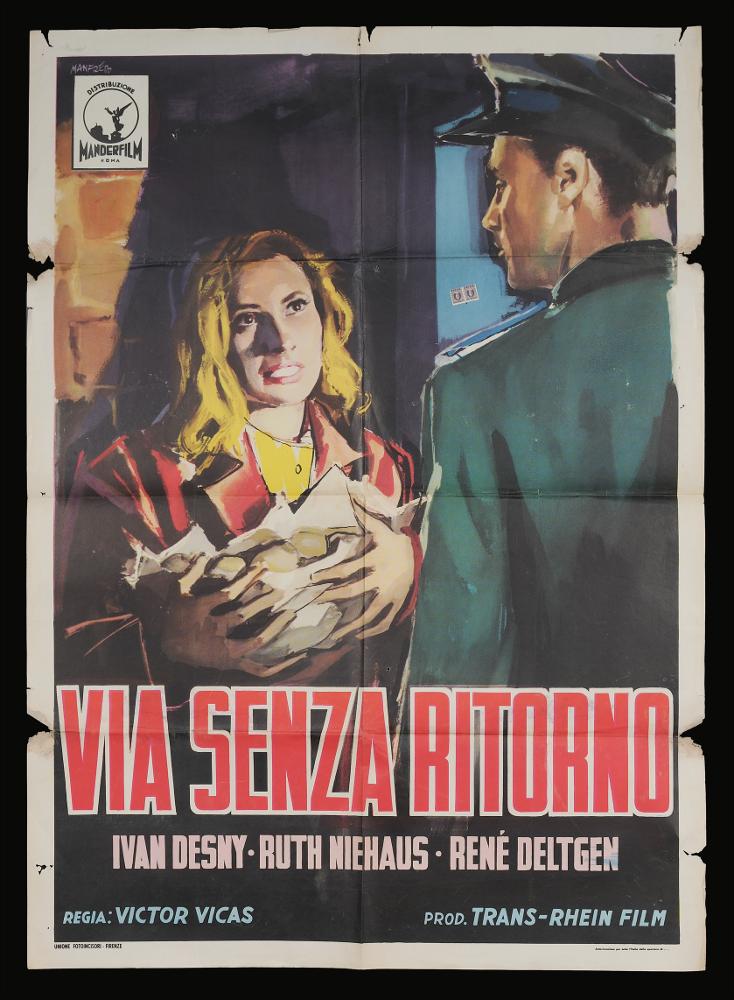 L'immagine riproduce uno dei manifesti conservati presso la Mediateca Regionale Pugliese (vedi Note). Si tratta di una delle versioni grafiche per il manifesto del film drammatico "Via senza ritorno" del 1953 per la regia di Victor Vicas. La firma che si legge è dell’illustratore Manfredo Acerbo (Manfredo), abruzzese di nascita ma si formò a Roma all'Accademia di Belle Arti. La sua carriera lavorativa lo vede insegnante di pittura, grafico e illustratore per il cinema. Il suo stile è contraddistinto da un segno grafico espressionista, dall'accostamento del nero a colori accesi e da una composizione fatta di macchie e pennellate rapide, molto contemporanee, che certamente lo distingueranno dagli altri pittori di cinema, rendendolo inequivocabilmente riconoscibile. Le for...