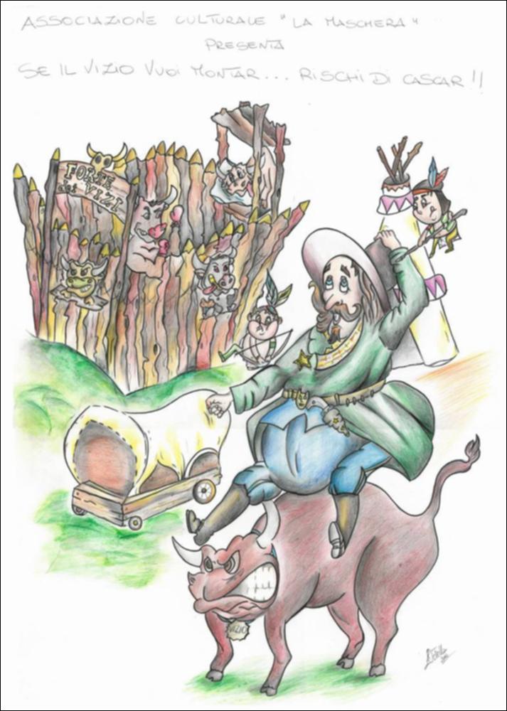 Per l'anno 2015 il tema ispiratore dei carri allegorici scelto dalla Fondazione Carnevale di Putignano è "I vizi capitali".
Il bozzetto, realizzato dall’Associazione culturale “La Maschera”, raffigura un toro, simbolo della forza e del vizio che spinge l’individuo verso il peccato. L'uomo che cavalca il toro è simbolo dell'uomo che cerca di domare gli istinti primordiali.
Conoscendo se stessi e i propri limiti è possibile condurre lo spirito a un livello più alto: la capanna tepee rappresentata rimanda alle cerimonie di purificazione dei nativi americani.
Il tratto semplice del bozzetto, a firma di Ortella, riprende lo stile cartoon bidimensionale realizzato con matite colorate pastose e dal tratto marcato....
