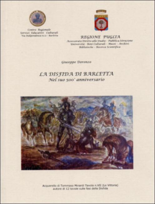 Il volume “La Disfida di Barletta nel suo 500° anniversario” è parte della grande raccolta denominata “Libri di Puglia” progetto di digitalizzazione a cura di Nicola Pergola che ha lo scopo di rendere fruibile la produzione editoriale dei Centri regionali di servizi educativi e culturali e degli Assessorati alla cultura e alla Pubblica Istruzione della Regione Puglia, dal 1968 agli anni 2000. Nei primi capitoli il volume delinea sinteticamente il quadro geo-politico dell'Italia nella seconda metà del XV secolo, descrivendo poi il fatto d'arme del 13 febbraio 1503. Ma passa poi a ricostruire scrupolosamente quanto realizzato negli anni per celebrare la ricorrenza dell'evento. Quindi l'intitolazione di 15 strade cittadine ai 13 Italiani che sconfissero i 13 Francesi – olt...