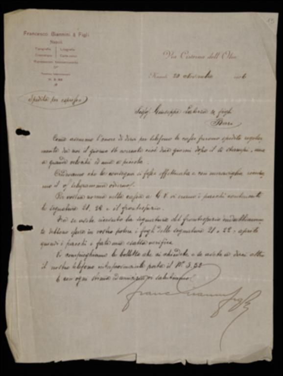 Nella lettera Francesco Giannini comunica a Laterza di avergli spedito alcune segnature, sollecita una verifica del materiale che gli ha inviato e lo informa di aver allegato alla lettera le bollette da lui richieste.