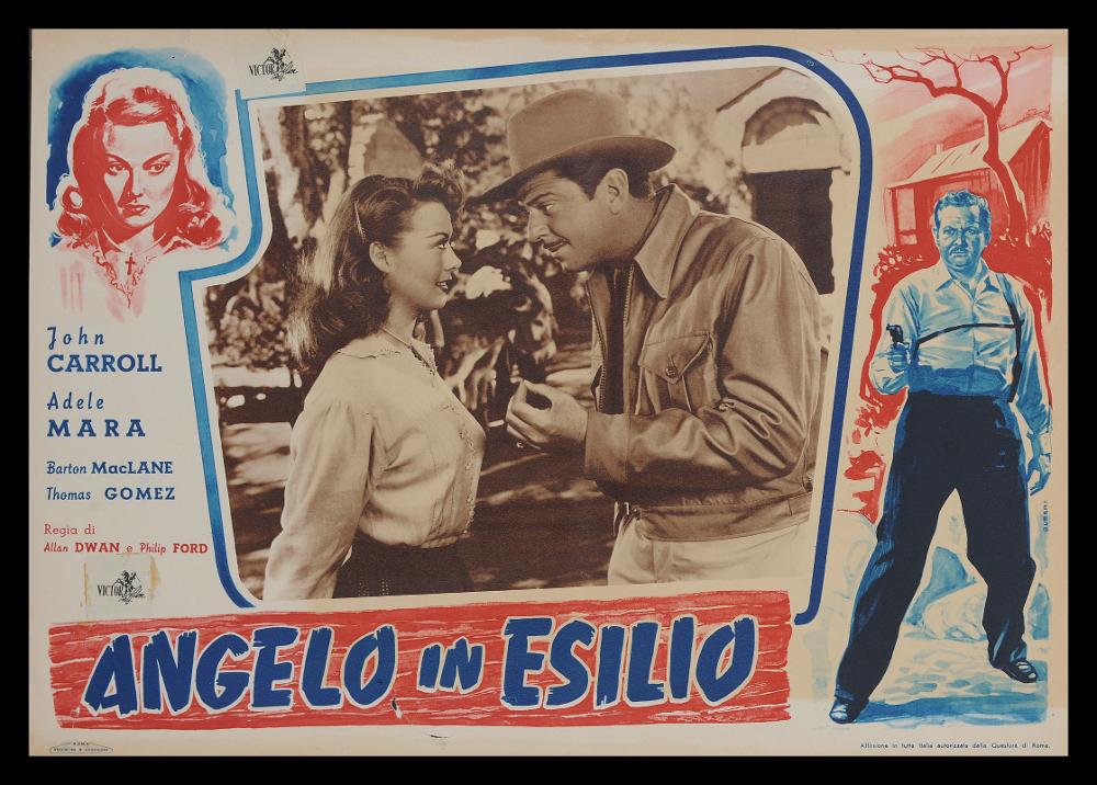 L'immagine riproduce una delle opere grafiche conservate presso la Mediateca Regionale Pugliese (vedi Note). Si tratta nello specifico di uno dei soggetti della fotobusta del film del 1948 “Angelo in esilio”. La bella composizione, come di consueto per le fotobuste, al centro presenta una fotografia di scena, qui fotoritoccata in color seppia, contornata da una linea sfumata nei toni dell'azzurro e del blu. Tutto intorno, corrono le illustrazioni dell'artista Guerri, che, come in altre sue opere, utilizza contrasti di colori netti (il blu e il rosso), rendendo l'insieme armonico, inconsueto e irreale....