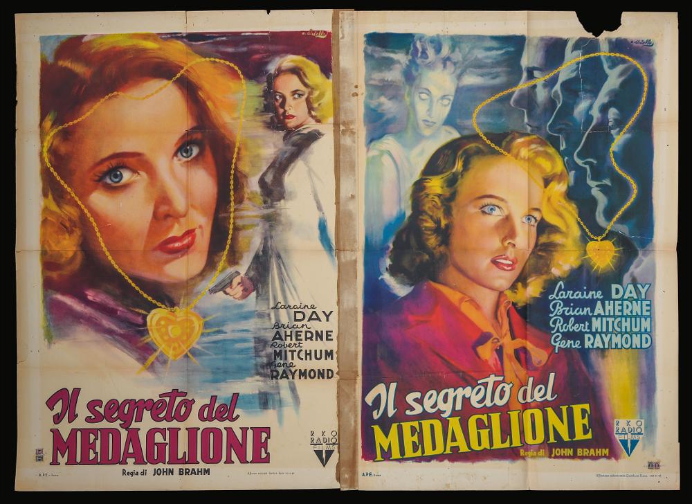 L'immagine riproduce uno dei manifesti conservati presso la Mediateca Regionale Pugliese (vedi Note). Si tratta di una delle versioni grafiche per il manifesto del film in bianco e nero "Il segreto del medaglione" del 1946 per la regia di John Brahm. La composizione grafica presenta una impostazione molto particolare, innanzitutto l’orientamento è in orizzontale, in più è come se ci fossero due manifesti uniti centralmente e affiancati, leggibili separatamente. Infatti su entrambe è riportato il titolo, i credits e i nomi degli attori e le immagini. La firma che leggiamo in alto a destra di entrambe le illustrazioni appartiene all’illustratore Averardo Ciriello (A. Ciriello) che iniziò a lavorare come pubblicitario presso l’agenzia ‘Non plus ultra’ a Milano e poi presso...