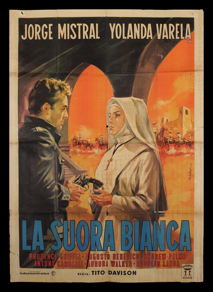 L'immagine riproduce uno dei manifesti conservati presso la Mediateca Regionale Pugliese (vedi Note). Si tratta di una delle versioni grafiche del manifesto del film “La suora bianca”, del 1964 per la regia di Tito Davison, basato sull’omonimo film del 1923. Il manifesto è a firma di Marcello Colizzi (M. Colizzi) tra i maggiori rappresentanti dei cartellonisti italiani del cinema, figlio d’arte, ricordiamo il padre Gioacchino Colizzi (Attalo). Colizzi vanta un repertorio di circa 300 manifesti per il cinema nazionale ed internazionale, a firma sia personale che sotto lo studio professionale d’arte e di fotografia di Ercole Brini. L’illustrazione immortala una scena del film che vede in primo piano la protagonista e un uomo che le porge una pistola. A differenza di altri...