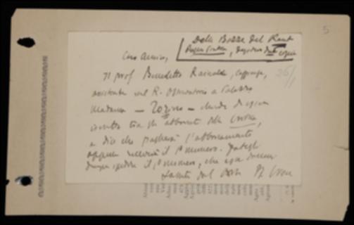 Nella cartolina Benedetto Croce sollecita Giovanni Laterza a spedire "La Critica" ad un nuovo abbonato e gli richiede le bozze della "Critica della ragion pratica" di Immanuel Kant in duplice copia.