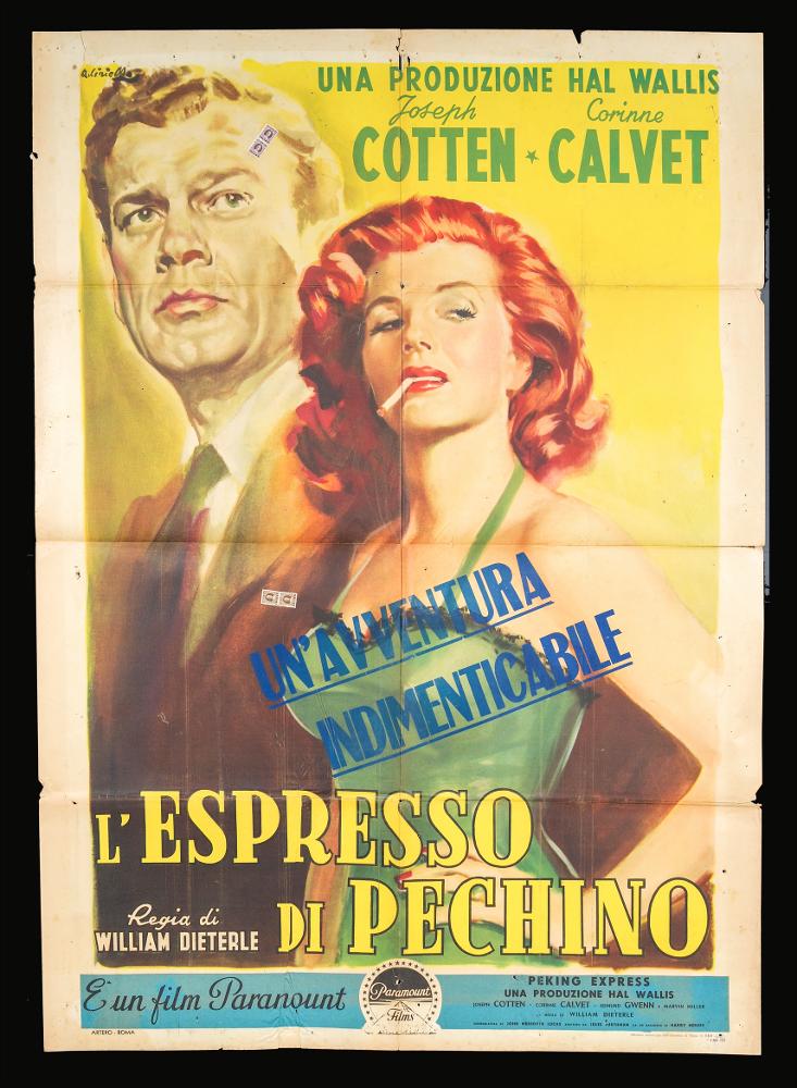 L'immagine riproduce uno dei manifesti conservati presso la Mediateca Regionale Pugliese (vedi Note). Si tratta di una delle versioni grafiche del manifesto de “L'espresso di Pechino”, film americano del 1951. L’illustratore del manifesto è Averardo Ciriello, come si evince dalla firma in alto a sinistra. L'opera si caratterizza per il suo tipico tratto pittorico, caratterizzato da un uso del colore in funzione simbolica e fortemente emotiva, con un’attenzione, quasi maniacale, per il dettaglio e le sfumature. Lo spazio compositivo è occupato dai bellissimi e realistici ritratti a figura intera dei due protagonisti Joseph Cotten e Corinne Calvet, che emergono dal fondo giallo....
