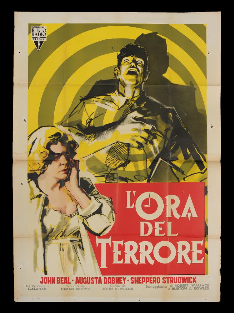 L'immagine riproduce uno dei manifesti conservati presso la Mediateca Regionale Pugliese (vedi Note). Si tratta della versione grafica del manifesto del film "L'ora del terrore". Anche se senza firma, la composizione si mostra molto originale e degna di nota. L'ignoto artista sceglie un linguaggio molto illustrativo, fatto di schizzi neri e tratti veloci come si può notare soprattutto dalla figura maschile in primo piano. Cattura l'occhio del fruitore con espedienti visivi molto dinamici come la grande spirale bicolore dalle tonalità accese e il lettering del titolo molto accattivante, in cui la O a forma di orologio funge da elemento decorativo che diventa parte integrante dell'opera....