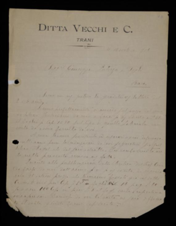 Con la lettera, la Tipografia V. Vecchi comunica a Laterza di accettare il compenso offerto per la stampa dei volumi di Vittorio Imbriani e di Georg W.F. Hegel. Poi rende noti i prezzi già fissati con Benedetto Croce per "La Critica" e avverte di aver consegnato a Raffaele Cotugno una delle copie del volume di Hegel, per la quale chiede una coperta.