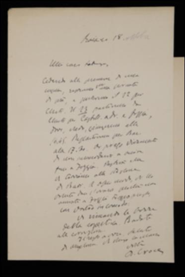 Nella lettera, Benedetto Croce comunica a Giovanni Laterza che partirà per Bari con un giorno di ritardo e che gli restituirà le bozze della copertina del volume di George Berkeley.