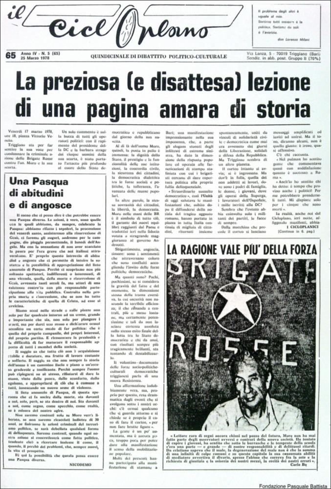“Il Cicloplano” è un periodico della città di Triggiano (Ba), un quindicinale di dibattito politico-culturale e di cronaca locale e non solo dagli anni Settanta agli anni Ottanta.
La Fondazione Pasquale Battista si è occupata della digitalizzazione di alcuni numeri del suddetto periodico, allo scopo di conservare tale importante documentazione sulla storia di questa città.
La Fondazione, infatti, persegue la mission di incentivare la diffusione del patrimonio culturale locale e di diffondere le idee e la sensibilità dello storico Pasquale Battista, a cui la Fondazione è dedicata, per tramandare nel tempo il suo impegno sociale e la sua dedizione....