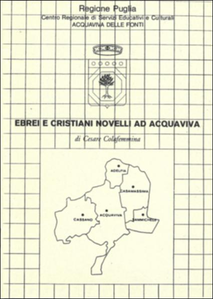 Il volume “Ebrei e Cristiani novelli ad Acquaviva” è parte della grande raccolta denominata “Libri di Puglia”, progetto di digitalizzazione a cura di Nicola Pergola che ha lo scopo di rendere fruibile la produzione editoriale dei Centri regionali di servizi educativi e culturali e degli Assessorati alla cultura e alla Pubblica Istruzione della Regione Puglia, dal 1968 agli anni 2000. Fino al VI secolo gli ebrei erano cittadini come gli altri, e parlavano il latino e l'ebraico. Progressivamente l'ambiente diventò a loro ostile; e dal IX secolo essi si servirono solo dell'ebraico, oggi parlato in Israele – grazie a loro – dopo un disuso di 25 secoli. Domenicani e Francescani ebbero il compito di convertire gli ebrei al cattolicesimo, fenomeno culminato nel 1294: nascevano...