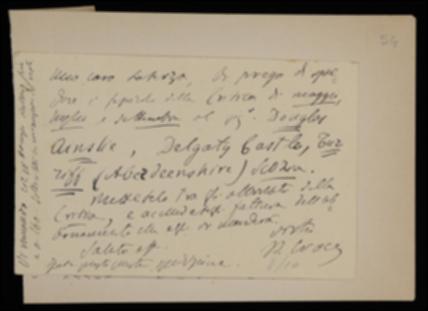 Nella cartolina, Benedetto Croce sollecita Laterza a spedire alcuni fascicoli de "La Critica" ad un nuovo abbonato da inserire negli elenchi del periodico. Gli comunica poi la spedizione di bozze licenziate per la stampa del volume “Nuovi saggi sull'intelletto umano” di Gottfried W. Leibniz, del quale sollecita l'ulteriore lavoro di composizione.