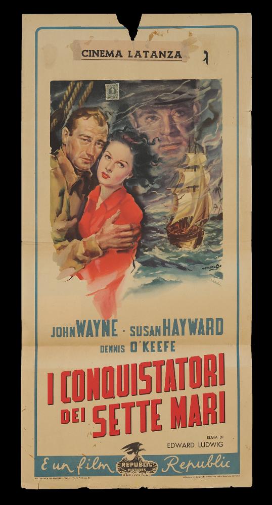 L'immagine riproduce uno dei manifesti conservati presso la Mediateca Regionale Pugliese (vedi Note). Si tratta della locandina del film americano "I conquistatori dei sette mari". L'illustrazione pittorica è a firma di Cesselon, considerato uno dei pittori di cinema più originali, contraddistinto da uno stile fatto di un cromatismo vibrante e dinamico. Nei suoi lavori per il grande schermo, ha sempre prediletto l'uso di tocchi sfumati e leggeri, con contrasti di colore forti e contemporanei. Ma è indubbio che Cesselon fu influenzato anche da una certa tradizione pittorica veneta, che guarda ad artisti come Tiziano e Tiepolo, fino a Giovanni Boldini, soprattutto nelle composizioni diagonali. Tutta la sua produzione, anche quella più tarda, privilegiò colori acquarellati...