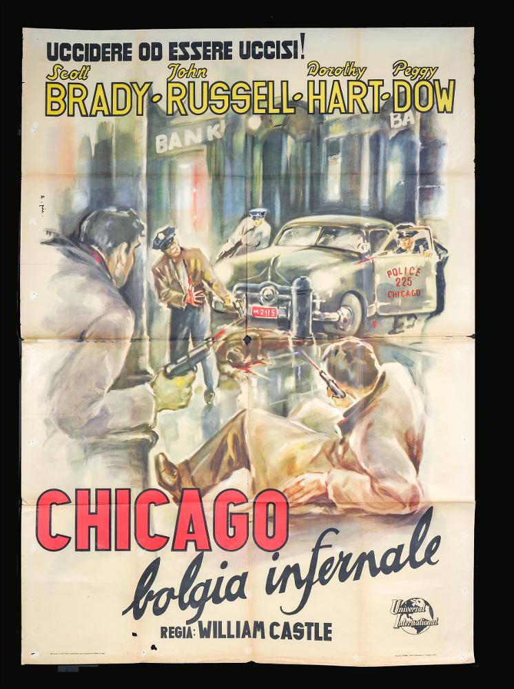 “Chicago, bolgia infernale” (titolo originale “Undertow”) è un film del 1949 diretto da William Castle, su sceneggiatura di Arthur T. Horman e Lee Loeb. Tra gli interpreti principali ricordiamo Scott Brady, John Russell, Dorothy Hart, Peggy Dow.
Il manifesto cinematografico è a firma di e. pic., artista dall’identità sconosciuta.
La scena raffigurata è molto dinamica. Lo stile è molto pittorico, contraddistinto da pennellate fugaci e dal tratto sfumato. L’artista predilige l’utilizzo di tinte chiare pastello, fatta eccezione per il rosso vivo che ritroviamo nel colore del sangue e nel titolo del film.
Il manifesto originale è conservato nell’Archivio della Mediateca Regionale Pugliese....