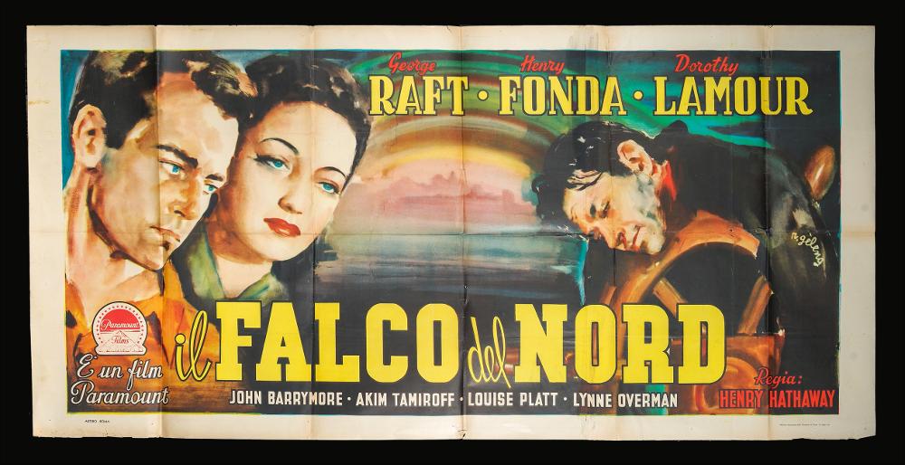 L'immagine riproduce uno dei manifesti conservati presso la Mediateca Regionale Pugliese (vedi Note). Si tratta di una delle versioni grafiche per il manifesto del film drammatico "Il falco del nord", a firma di Rinaldo Gèleng. Artista poliedrico ed eclettico, dopo gli studi d'arte, visse e lavorò per molti anni a Parigi, poi a Milano dove realizzò una serie di copertine per Mondadori e infine a Roma, dove realizzò alcuni manifesti per i film di Fellini. Il suo stile fresco e pittorico è fatto di pennellate liquide e sfumate, con spunti grafici originali, composizioni personali, in cui rivela la sua dote di ritrattista, come si può notare anche in quest'opera. Gèleng sfrutta lo spazio insolito orizzontale del manifesto (50x100) per rappresentare i volti dei protagonisti...