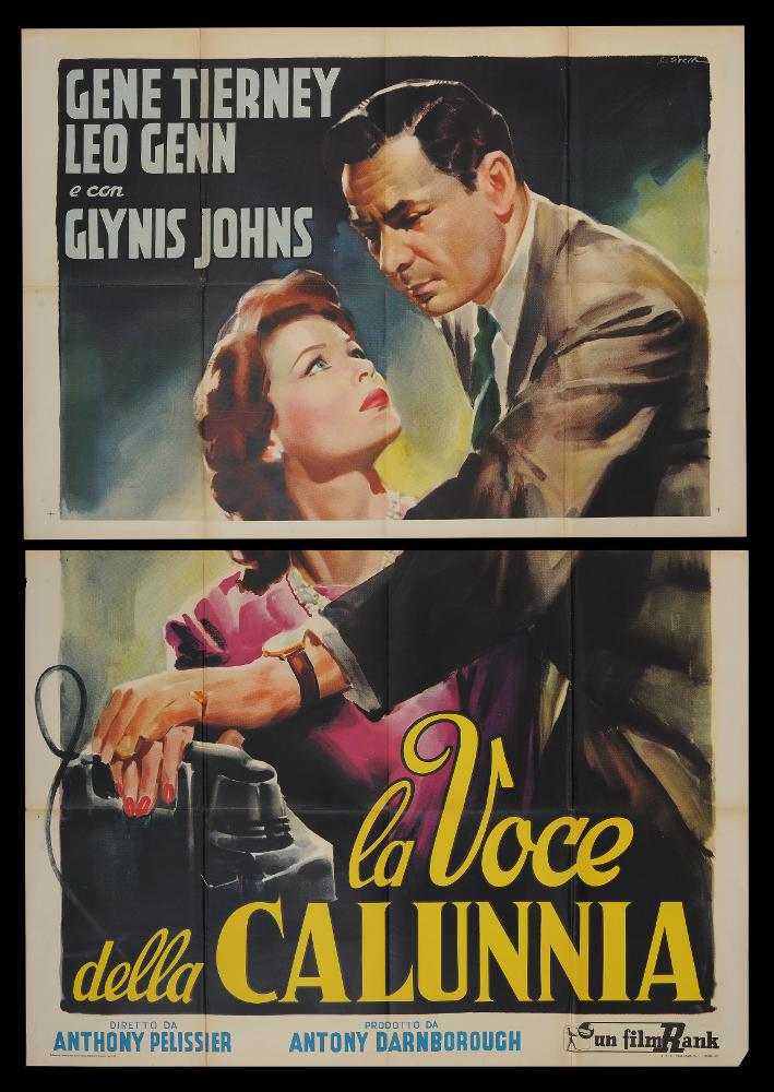 “La voce della calunnia” (Personal Affair) è un film statunitense del 1953 diretto da Anthony Pelissier con la sceneggiatura di Lesley Storm. Gli interpreti principali sono Gene Tierney, Leo Genn e Pamela Brown.
Il manifesto cinematografico è firmato dal celebre pittore di cinema Giorgio Olivetti, artista bolognese classe 1908. Le figure in primo piano sono acquerellate con colori brillanti e campiture di colori vivaci. La composizione è lineare e bidimensionale, caratterizzata da chiaroscuri sintetici che enfatizzano la teatralità della scena.
Il manifesto originale è conservato nell’Archivio della Mediateca Regionale Pugliese ed è costituito da due fogli separati....