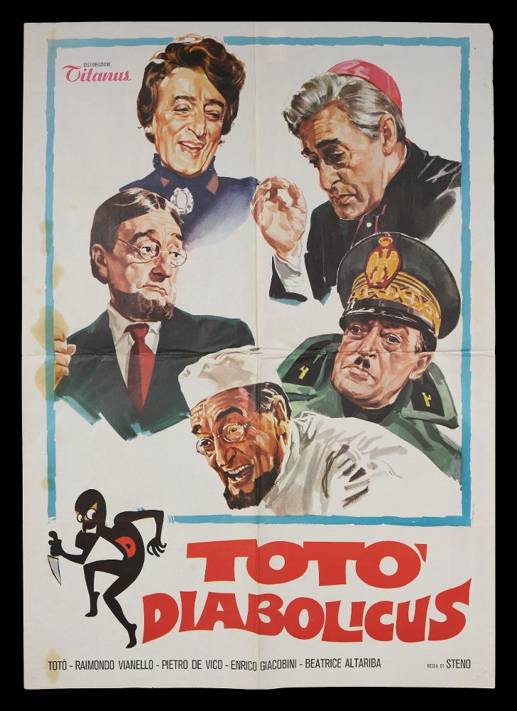 L'immagine riproduce uno dei manifesti conservati presso la Mediateca Regionale Pugliese (vedi Note). Si tratta di uno dei manifesti a colori del film in bianco e nero“Totò Diabolicus” del 1962 per la regia di Steno. Il manifesto presenta una grafica molto semplice, giocata sui diversi personaggi interpretati da Totò nel film. Su uno sfondo completamente bianco, in una cornice azzurra si alternano i volti, perfettamente fedeli alle mimiche dell’attore, delle ‘maschere’ impersonate: la plurivedova baronessa Laudomia, il generale Scipione nostalgico dei tempi del fascismo, il chirurgo Carlo e il mite e casto monsignor Antonino, tutti perfettamente riconoscibili dagli abiti. In basso a sinistra un piccolo personaggio vestito di nero, con la “D” rossa di Diabolicus stampata...