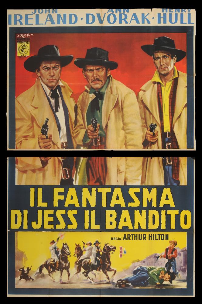 L'immagine riproduce uno dei manifesti conservati presso la Mediateca Regionale Pugliese (vedi Note). Si tratta di una delle versioni grafiche del manifesto del film “Il fantasma di Jess il bandito” realizzata da Renato Casaro, tra i maggiori rappresentanti della grafica e del manifesto del secondo dopoguerra, che qui si firma René, nome d'arte utilizzato agli esordi che poi sostituirà con la ben più nota firma: R. Casaro. L'artista fu ispirato dall'arte del noto pittore di cinema Angelo Cesselon, il primo pittore ad utilizzare, per i manifesti cinematografici, un nuovo linguaggio che dà maggiore importanza ad una grande scena, ad un ritratto per raccontare una storia. Casaro è noto per essere stato un autodidatta che riuscì tuttavia ad acquisire competenze e abilità ri...