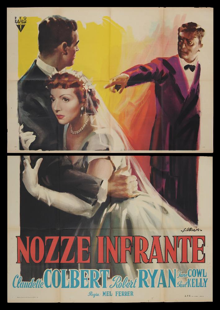 Nozze infrante (The Secret Fury) è un film statunitense del 1950 diretto da Mel Ferrer, su sceneggiatura di Lionel Houser, Jack Leonard e James O'Hanlon. Tra gli interpreti principali ricordiamo Claudette Colbert, Robert Ryan, Jane Cowl, Paul Kelly.
Il manifesto cinematografico è firmato dal celebre pittore di cinema Giorgio Olivetti, artista bolognese classe 1908. Le figure in primo piano sono acquerellate con colori brillanti e campiture di colori vivaci. La composizione è lineare e bidimensionale, caratterizzata da chiaroscuri sintetici che enfatizzano la teatralità della scena.
Il manifesto originale è conservato nell’Archivio della Mediateca Regionale Pugliese ed è costituito da due fogli separati....