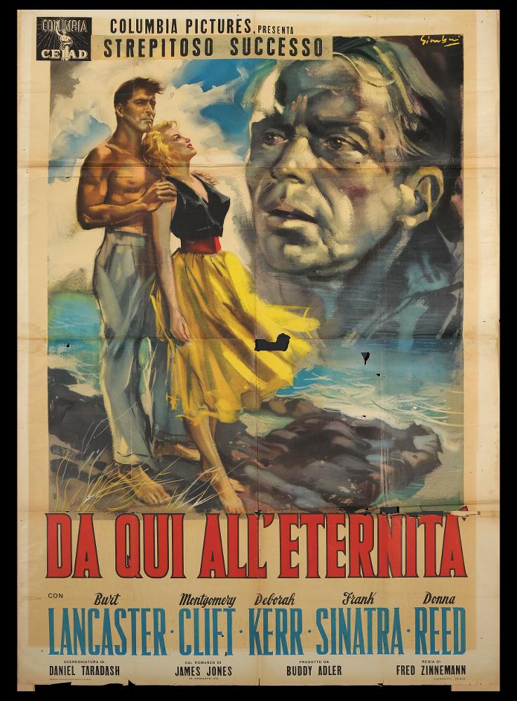 L'immagine riproduce uno dei manifesti conservati presso la Mediateca Regionale Pugliese (vedi Note). Si tratta di una delle versioni grafiche per il manifesto del film "Da qui all'eternità", a firma dell’illustratore Nicola Simbari (Simbari). Artista di fama internazionale, colpisce per la "freschezza del suo tratto e la velocità di modellato" (Baroni, 2018) e per la composizione ricca di cromatismo espressionista, reso grazie ad un uso sapiente della spatola alternato alla tecnica acquerellata, che gli permettono una grande espressività artistica e immagini dalle intense linee di contorno e effetti chiaroscurali. Grande cromatista, Simbari realizzò opere e schizzi freschi e contemporanei, come in questo caso. Splendido il ritratto a figura intera della coppia di attor...