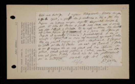 Nella cartolina, Benedetto Croce invita Giovanni Laterza a non impegnarsi con R. Magnanelli e Ivo Noveri per la traduzione italiana del volume “La Divina Commedia studiata nella sua genesi e interpretata” di Karl Vossler, suggerendogli di rivolgersi a S. Jacini oppure a F. Ageno. Poi lo esorta ad annunciare al “Giornale d'Italia” che la sua casa editrice si occuperà di pubblicare questa traduzione.