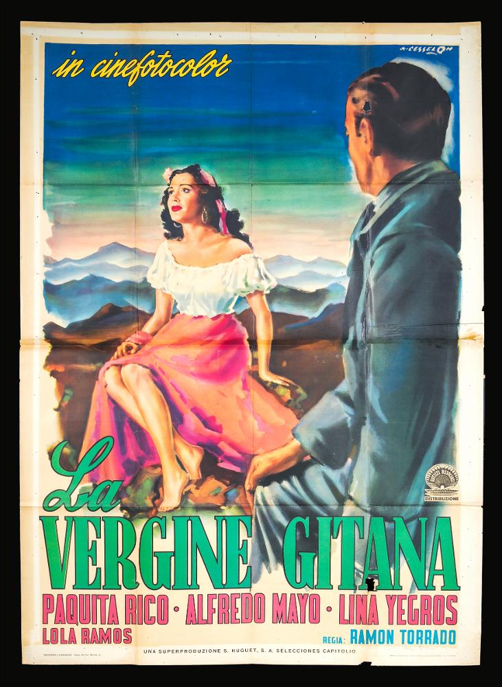 L'immagine riproduce uno dei manifesti conservati presso la Mediateca Regionale Pugliese (vedi Note). Si tratta del manifesto del film "La vergine gitana", la cui illustrazione pittorica è a firma di Cesselon. Considerato uno dei pittori di cinema più originali, contraddistinto da uno stile fatto di un cromatismo vibrante e dinamico, nei suoi lavori per il grande schermo, Cesselon ha sempre prediletto l'uso di tocchi sfumati e leggeri, con contrasti di colore forti e contemporanei. Ma è indubbio che Cesselon fu influenzato anche da una certa tradizione pittorica veneta, che guarda ad artisti come Tiziano e Tiepolo, fino a Giovanni Boldini, soprattutto nelle composizioni diagonali. Tutta la sua produzione, anche quella più tarda, privilegiò colori acquarellati e accostam...