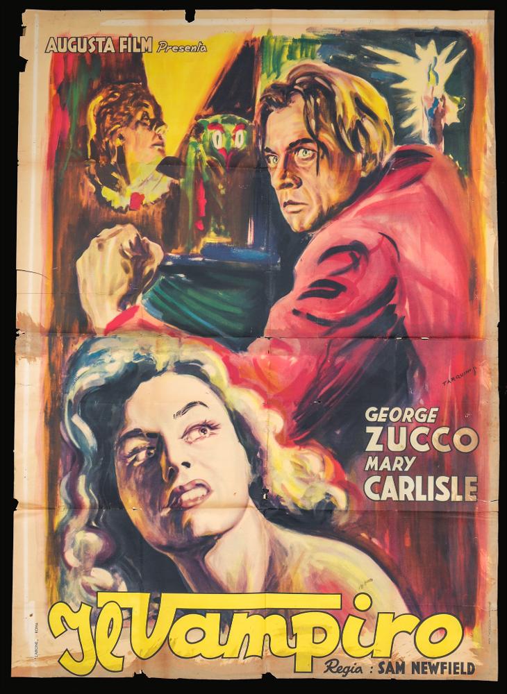 L'immagine riproduce uno dei manifesti conservati presso la Mediateca Regionale Pugliese (vedi Note). Si tratta di una delle versioni grafiche per il manifesto del film "Il vampiro" del 1943 per la regia di Sam Newfield, a firma di Tarquini (Tarquini Paolo), "Pittore non Pittore" come lui stesso si definì, artista che condivise la sua arte con il padre Sabatino ed i fratelli Luigi e Glauco. La composizione grafica è ricca di elementi narrativi, accostati in maniera rapida e quasi confusa, si alternano infatti pennellate veloci e brevi, segni frenetici che vogliono raccontare una storia d’orrore e di paura, sensazioni rese anche dagli sguardi dei personaggi....