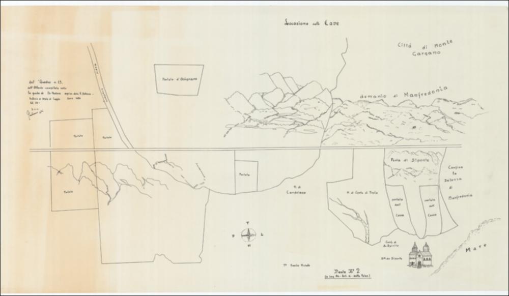 Trattasi di disegno in bianco e nero, ovvero copia conforme all'originale datata 1966, ad opera del geometra Castellano Michele. L'originale è stata redatta in data 1686 dall'Agrimensore Nunzio Michele. Riporta “dal Quadro n. 13” dell'Atlante compilato sotto la guida di De Padova agrimensore della Regia Dogana. Archivio di Stato di Foggia. Anno 1686. Volume 20. La rappresentazione della “locazione delle Cave” domina la composizione, con pochi e semplici tratti l'autore descrive tanto le caratteristiche naturali dell'area quanto i segni della presenza umana in essa. Per le prime una sequenza di linee curve simula efficacemente le asperità dei rilievi garganici, nella pianura, è delineato il corso di un fiume che scorre nella portata di Conte di Troia e il mare che la lam...