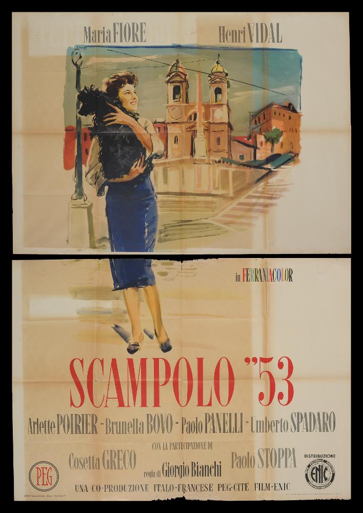 “Scampolo ‘53” è un film del 1953, diretto da Giorgio Bianchi, tratto dalla commedia di Dario Niccodemi, su sceneggiatura di Giorgio Bianchi, Oreste Biancoli e Aldo De Benedetti. Tra gli interpreti principali ricordiamo Maria Fiore, Henry Vidal, Arlette Poirier, Brunella Bovo, Paolo Panelli, Umberto Spadaro.
Il manifesto cinematografico è firmato dal celebre maestro Ercole Brini, artista che, dopo aver terminato gli studi accademici, si dedicò fin da subito alla pittura di cinema. L’utilizzo dell’acquerello nelle pennellate veloci e leggere caratterizza il suo stile impalpabile e delicato ma nello stesso tempo moderno ed originale. 
Il manifesto originale è conservato nell’Archivio della Mediateca Regionale Pugliese ed è costituito da quattro fogli separati....
