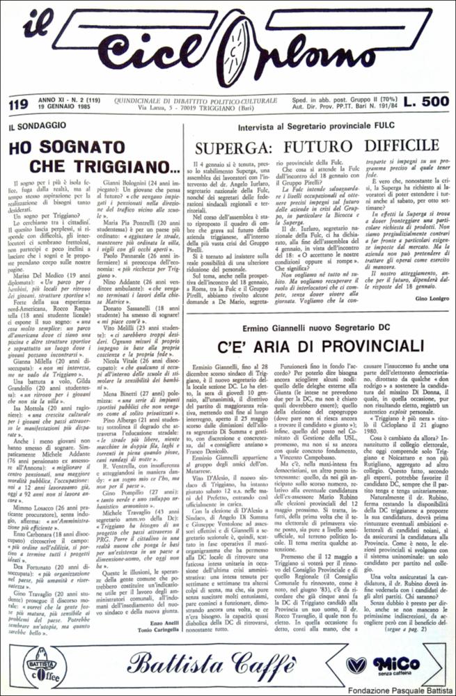 “Il Cicloplano” è un periodico della città di Triggiano (Ba), un quindicinale di dibattito politico-culturale e di cronaca locale e non solo dagli anni Settanta agli anni Ottanta.
La Fondazione Pasquale Battista si è occupata della digitalizzazione di alcuni numeri del suddetto periodico, allo scopo di conservare tale importante documentazione sulla storia di questa città.
La Fondazione, infatti, persegue la mission di incentivare la diffusione del patrimonio culturale locale e di diffondere le idee e la sensibilità dello storico Pasquale Battista, a cui la Fondazione è dedicata, per tramandare nel tempo il suo impegno sociale e la sua dedizione....
