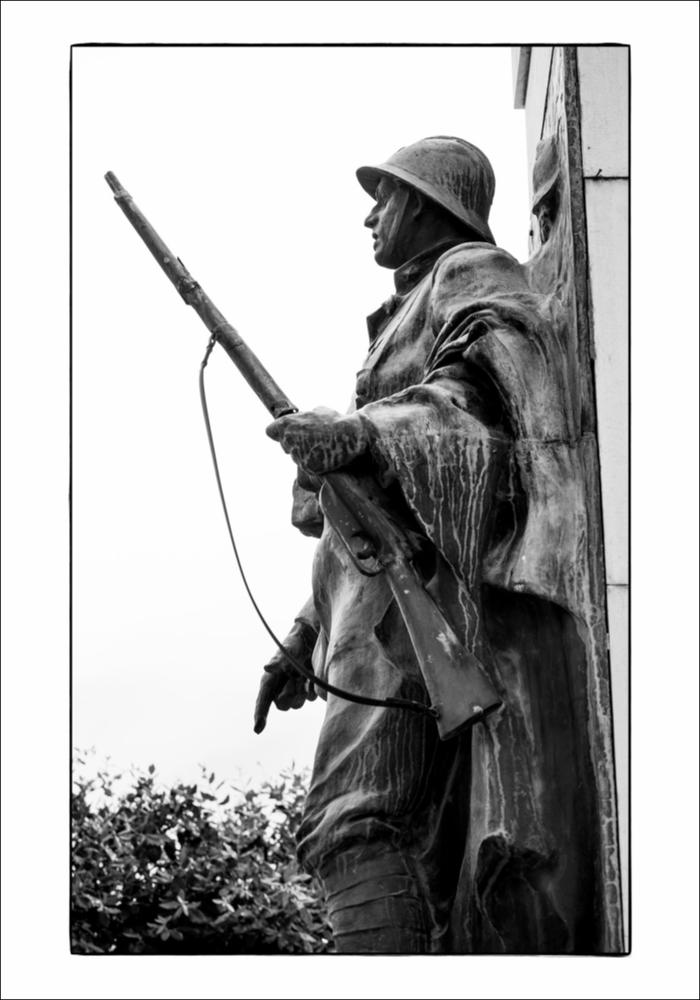L'immagine digitale in bianco e nero cattura una parte del Monumento ai Caduti di Bitetto. Datato al 1921, è opera dell'artista Giuseppe Tonnini, scultore nato a Loreto e attivo a Roma, che si specializzò nelle commissioni di sculture pubbliche a carattere celebrativo, uno dei collaboratori della parte di ornamentazione del Vittoriano. A Bitetto, un'esile figura femminile alata, leggera e dalle forme aggraziate svetta su un basamento quadrangolare che riporta nella parte anteriore, in basso, la figura di un fiero soldato equipaggiato, nell'atto di camminare, che mostra la targa dedicatoria dei Caduti. Lo stesso artista aveva realizzato il monumento di Modugno, non più in loco e rifatto negli anni '60 da De Bellis. La fotografia è stata esposta nel Salone degli Affreschi...