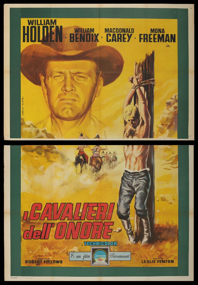 L'immagine riproduce uno dei manifesti conservati presso la Mediateca Regionale Pugliese (vedi Note). Si tratta di una delle versioni grafiche del manifesto del film “I cavalieri dell’onore” del 1949 per la regia di Leslie Fenton a firma dell’illustratore Carlo Nistri. La composizione grafica vede in primo piano, su uno sfondo completamente giallo, la rappresentazione a figura intera di uno dei momenti più drammatici della storia. In secondo piano, sempre utilizzando il monocromo giallo, ritroviamo il primo piano di William Holden, immortalato in un momento di grande intensità espressiva....