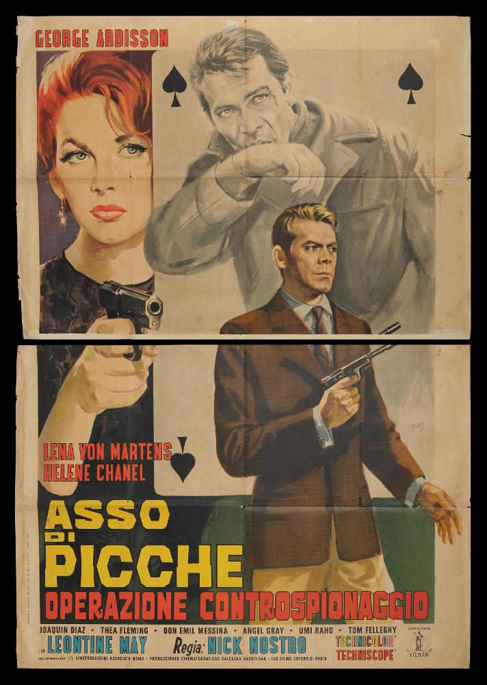 L'immagine riproduce uno dei manifesti conservati presso la Mediateca Regionale Pugliese (vedi Note). Si tratta di uno dei manifesti del film “Asso di picche - Operazione controspionaggio” del 1965 per la regia di Nick Nostro a firma di Mos. Nato a La Spezia Mario De Berardinis, appartenente alla terza generazione di pittori di cinema, si trasferì a Roma dove ebbe il privilegio di divenire allievo di Averardo Ciriello e di Rodolfo Gasparri, tra i maggiori cartellonisti del tempo. Nella capitale riuscì ad aprire un suo studio grafico ed iniziò molte collaborazioni con diverse case di produzione. Tre sono le firme che ritroviamo sulle sue opere: all’inizio delle sua carriera firmava con il suo nome Mario De Berardinis, dagli anni Sessanta al 1975 circa utilizzò lo pseudon...