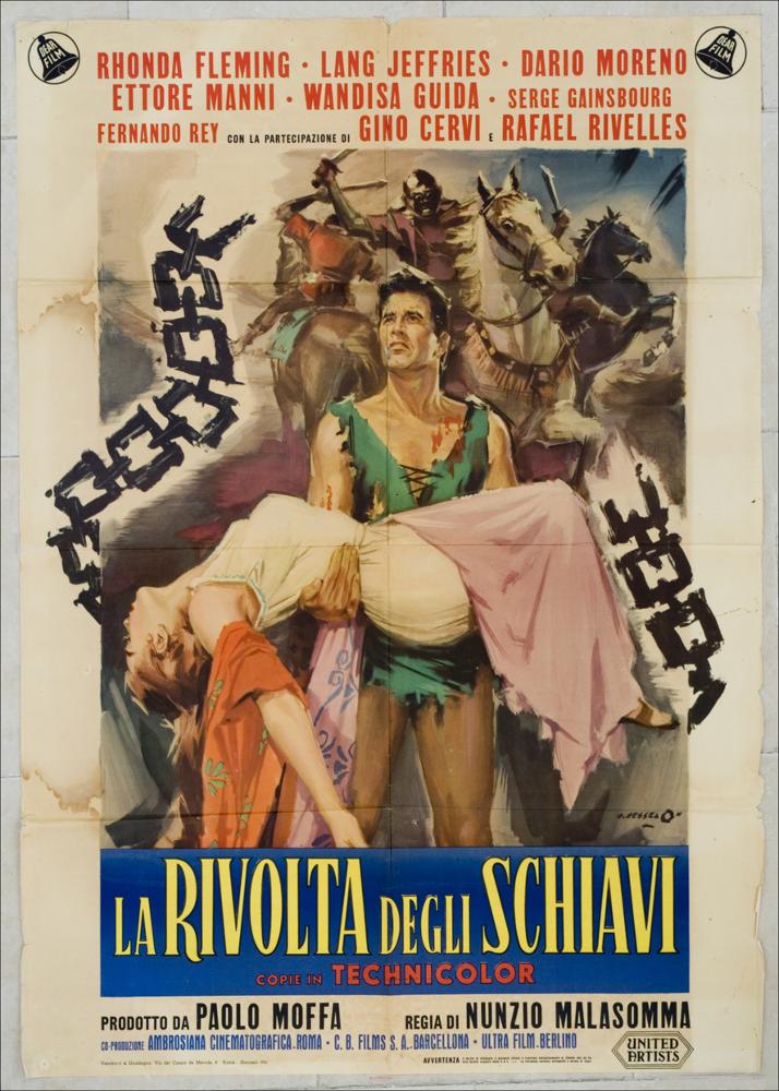 L'immagine riproduce uno dei manifesti conservati presso la Mediateca Regionale Pugliese, esaminati in "Cinema al muro: Angelo Cesselon" (vedi Note). Partendo dal manifesto si coglie la straordinaria abilità tecnico-pittorica di Cesselon, di sintetizzare in tratti essenziali la trama del film. Le catene spezzate, simbolo della libertà riacquistata, fanno quasi da cornice a uno sfondo in cui si vedono le persecuzioni del cristiani del III secolo nella Roma imperiale e, in primo piano, l'immagine rassicurante, ma sofferta di un Vibio che, tornato libero dalla schiavitù, sorregge la bella Claudia. Anche i colori e l'abbigliamento contribuiscono a mettere in risalto queste due figure e ad attirare la curiosità del passante, attratto anche dalla posizione e dalla figura sinu...