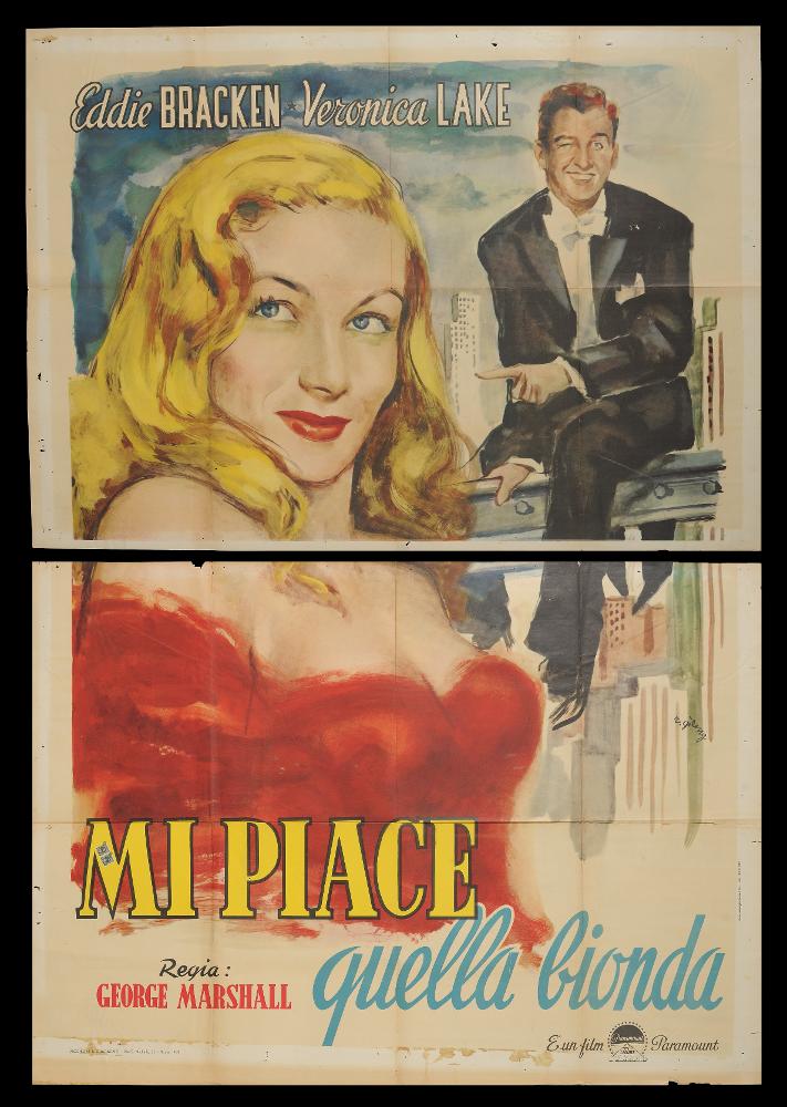 Mi piace quella bionda è un film del 1945 diretto da George Marshall e sceneggiato da Earl Baldwin, Walter DeLeon ed Eddie Moran. Tra gli interpreti principali Eddie Bracken, Veronica Lake, Albert Dekker.
Il manifesto è firmato dal celebre Rinaldo Gèleng, artista romano eclettico che intraprende la sua carriera grafica e pittorica negli anni ’40, per lavorare anche a Parigi nel decennio successivo, e poi tornare a Roma. L’atmosfera dei suoi dipinti è spesso surreale, la sua tecnica fresca e pittorica. Da non dimenticare le sue doti da ritrattista che rintracciamo in maniera evidente in questo pregiato manifesto con la “bionda” in primo piano.
Il manifesto originale è conservato nell’Archivio della Mediateca Regionale Pugliese ed è costituito da due fogli separati....