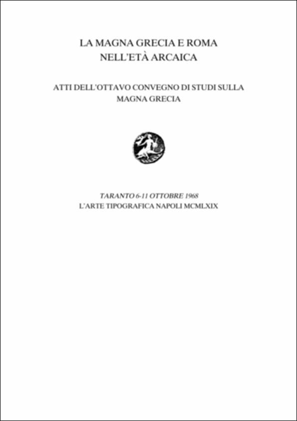 Il volume digitalizzato contiene gli Atti dell'ottavo convegno di Studi sulla Magna Grecia, svoltosi a Taranto dal 6 al 11 ottobre 1968 e pubblicato a cura del Centro Studi della Magna Grecia dell'Università di Napoli e dell'Ente provinciale per il turismo di Taranto. Uscendo idealmente dai confini della Magna Grecia, il convegno ne esaminò i rapporti con altre regioni e altre culture, in particolar modo con l'Etruria e Roma, tra il VI e il V secolo, ovvero in età arcaica. Un argomento che attirò l'attenzione di molti studiosi e delle Soprintendenze che riportarono le relazioni dell'attività archeologica nelle aree della Magna Grecia con notizie di particolari scoperte. Particolare rilievo ebbe Sibari, che in quegli anni fu luogo di pericolose iniziative di carattere in...