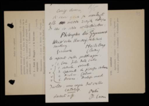 Nella cartolina, Benedetto Croce prega Giovanni Laterza di spedire alcuni volumi e il catalogo della casa editrice alla rivista "Philosophie der Gegenwart" .