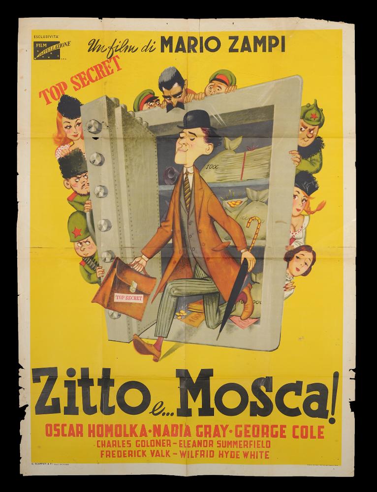 L'immagine riproduce uno dei manifesti conservati presso la Mediateca Regionale Pugliese (vedi Note). Si tratta di una delle versioni, senza firma, del manifesto del film "Zitto e...mosca!". Tutta la composizione brilla grazie al colore giallo del fondo, sul quale insiste una scena corale, con gran parte dei protagonisti, ritratti tutti in stile fumetto. Originale e ordinata l'impostazione grafica, completata con un titolo evidente che cattura l'occhio del pubblico, ripreso anche in "Top secret", presente in più punti del manifesto, che richiama il titolo originale....