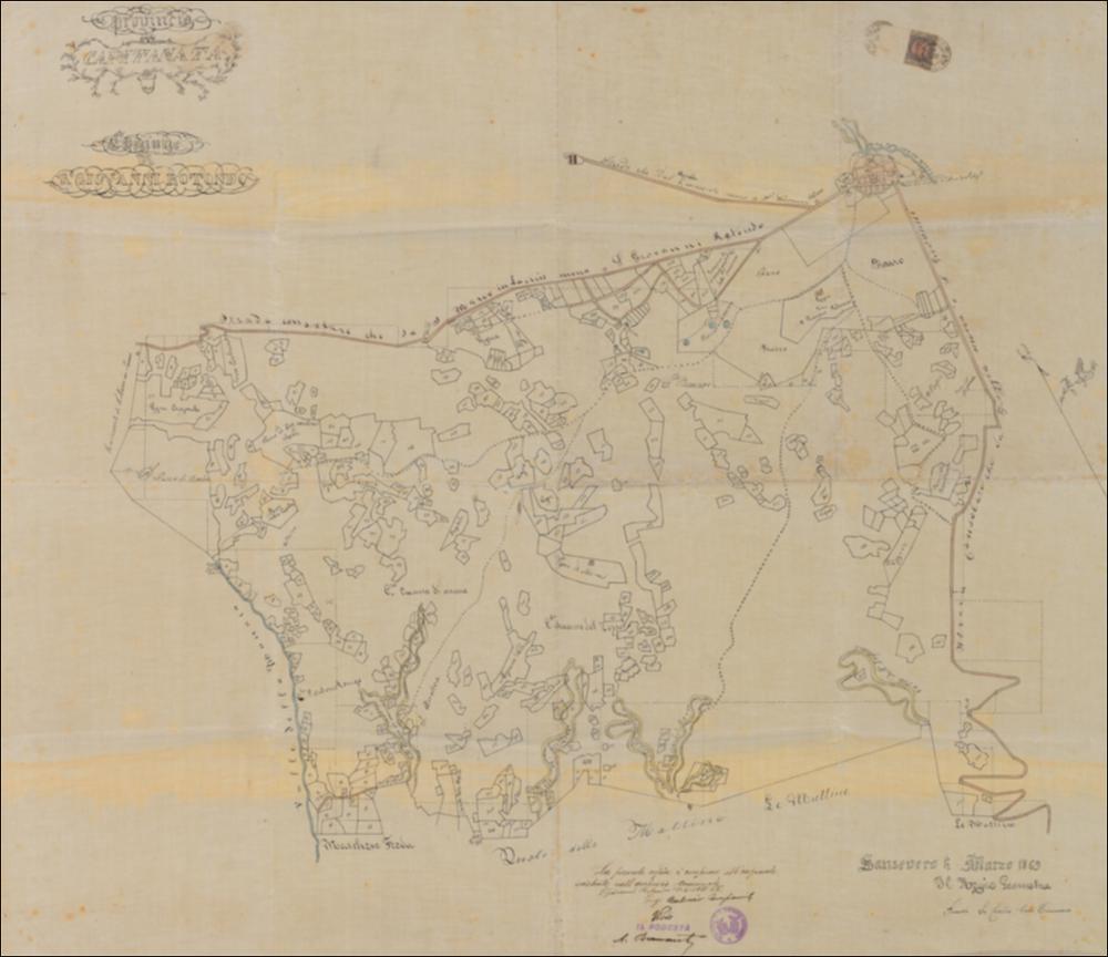 Trattasi di stampa a colori, ovvero copia della copia conforme all'originale esistente presso l'Archivio Comunale di S. Giovanni Rotondo, datata 15 aprile 1931. L'originale è stata redatta nel 1869 dal regio geometra La Cecilia Cav. Tommaso. La pianta del Comune di San Giovanni Rotondo domina la composizione della carta, quest'ultima riporta sul margine in alto a sinistra il titolo, le cui parole sono inserite ognuna in cartigli di forma ovale decorati ora con linee sinuose ora con motivi vegetali, mentre in basso a destra presenta la certificazione della copia, datazione e autore. La simbologia è ridotta al minimo, con l'entroterra che si riduce ad una raffigurazione geometrica della superficie territoriale divisa in particelle numerate o contenenti toponimo. La rappre...