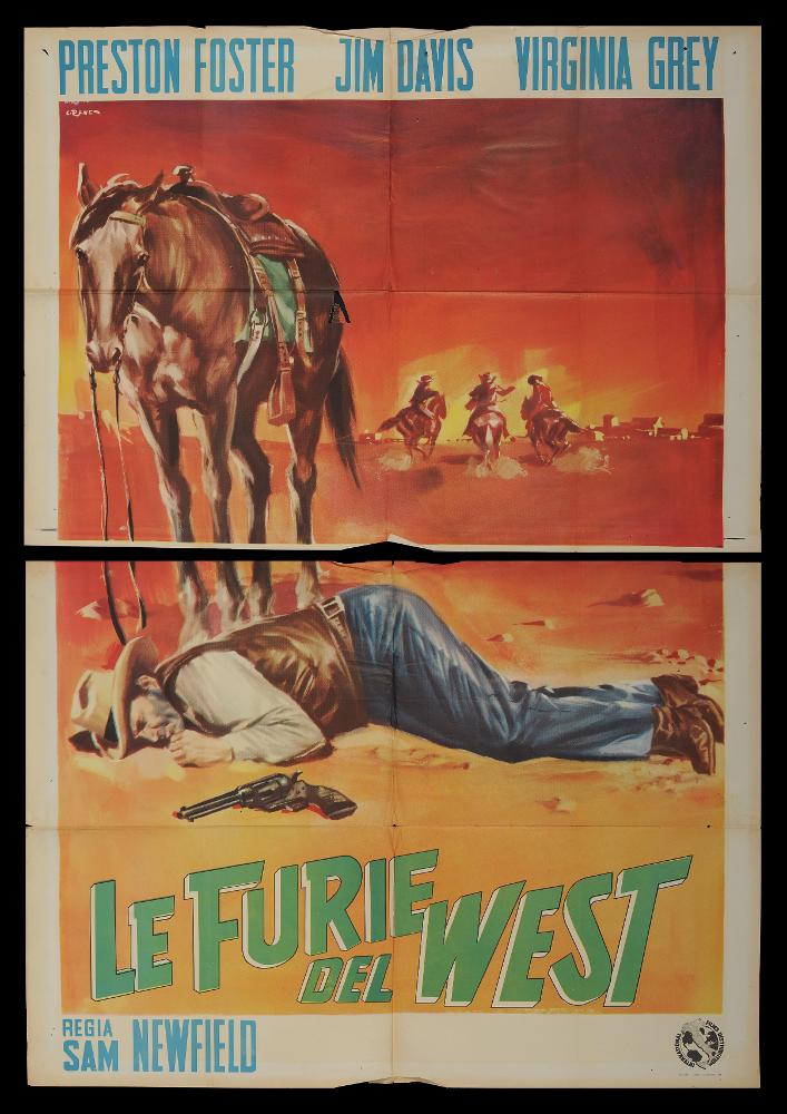 L'immagine riproduce uno dei manifesti conservati presso la Mediateca Regionale Pugliese (vedi Note). Si tratta di una delle versioni grafiche del manifesto del film “Le furie del west” del 1951 per la regia di Sam Newfield a firma dell’illustratore Renato Casaro, tra i maggiori rappresentanti della grafica e del manifesto del secondo dopoguerra. Nello specifico questo manifesto è da annoverarsi tra le prime illustrazioni per il cinema, come si evince dalla firma, posta in alto a sinistra (C. Renè) utilizzata agli esordi per poi essere sostituita dalla ben più nota R. Casaro. Tra gli artisti presi a modello da Casaro vi è Angelo Cesselon, il primo pittore ad utilizzare, per i manifesti cinematografici, un nuovo linguaggio che dà maggiore importanza ad una grande scena, ...