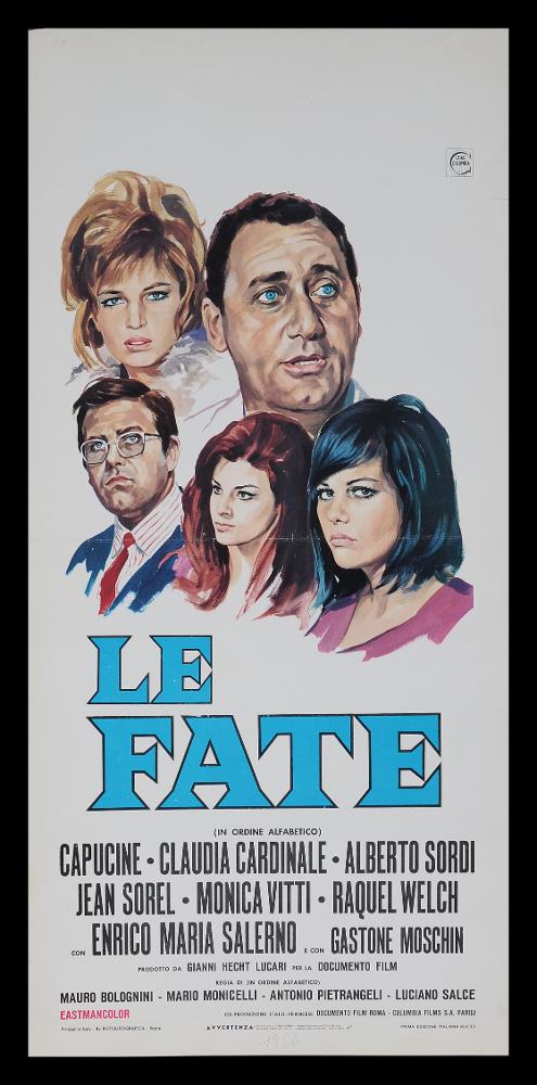 L'immagine riproduce uno dei manifesti conservati presso la Mediateca Regionale Pugliese (vedi Note). Si tratta di una delle versioni grafiche della locandina del film "Le fate", commedia all'italiana ad episodi degli anni '60. Su uno sfondo bianco, pulito, la composizione dà risalto agli attori principali, uno o più per episodio, diventando così una carrellata di bellissimi ritratti fedeli che denotano una mano artistica esperta e talentuosa, anche se non se ne conosce la firma. Con la loro fama e bravura comica seppero dare vita a storie ricche di sensualità e dall'ispirazione "boccacchesca", raccontate e interpretate con garbo e professionalità....