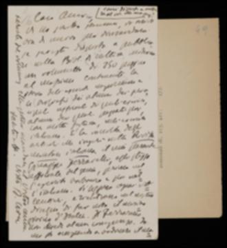 Nella cartolina, Benedetto Croce propone a Giovanni Laterza di pubblicare nella collana di cultura moderna un volume che raccolga gli articoli di Giuseppe Ferrarelli sull'esercito napoletano ed alcuni ufficiali di esso già editi nella “Rivista militare italiana”. L'autore non richiede compenso e Croce si dice disposto a mandare il materiale, che va riordinando, insieme ad una sua prefazione.