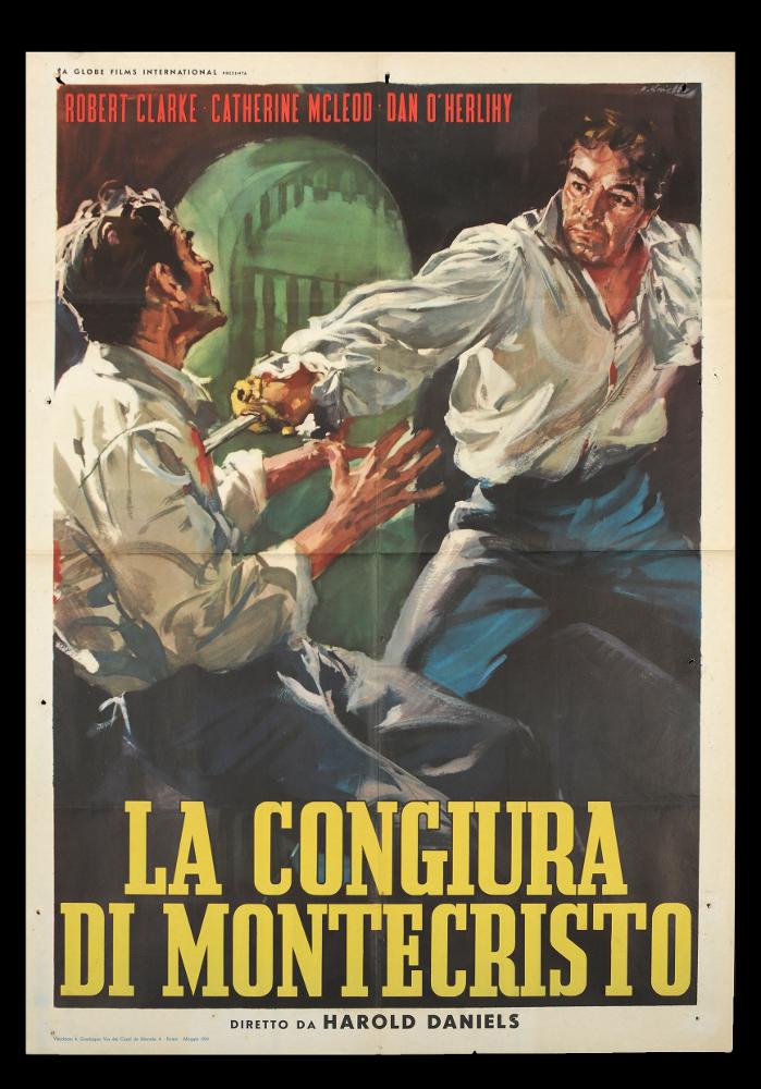 L'immagine riproduce uno dei manifesti conservati presso la Mediateca Regionale Pugliese (vedi Note). Si tratta di una delle versioni grafiche del manifesto a firma di Ciriello (Averardo Ciriello) per il film "La congiura di Montecristo", seguito del noto "Il Conte di Montecristo". Pittore dal linguaggio elaborato e dallo stile pittorico colto e maturo, sia nel ritratto che nelle scene narrative, Ciriello seppe caratterizzare le sue opere con l'uso di sfumature volumetriche, tocchi di colore morbidi "emotivi", che denotano una comunicazione visiva chiara e coinvolgente. Si ricorda come tra i più importanti disegnatori per manifesti del cinema italiano. Iniziò a lavorare come pubblicitario presso l’agenzia 'Non plus ultra' a Milano e poi presso la 'Ima', la più grande ag...