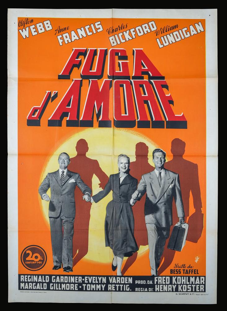 “Fuga d’amore” (titolo originale “Elopement”) è un film del 1951 diretto da Henry Koster, su sceneggiatura di Bess Boyle. Nel cast ricordiamo Clifton Webb, Anne Francis, Charles Bickford, William Lundigan.
Il manifesto cinematografico è firmato Mic, pittore non identificato autore di diversi manifesti firmati con lo pseudonimo Mic o Mico. Su uno sfondo arancione e giallo fanno il loro ingresso trionfante i protagonisti, ritratti in fotografia bianco-nero. In alto campeggia il titolo del film in rosso.
Come vediamo in questa composizione, l'approccio stilistico è molto moderno e utilizza le fotografie di scena riprendendo una tecnica molto usata all'epoca che sostituiva quella pittorica, mettendo in risalto i personaggi e l'atmosfera generale del film.
Il manifesto origi...