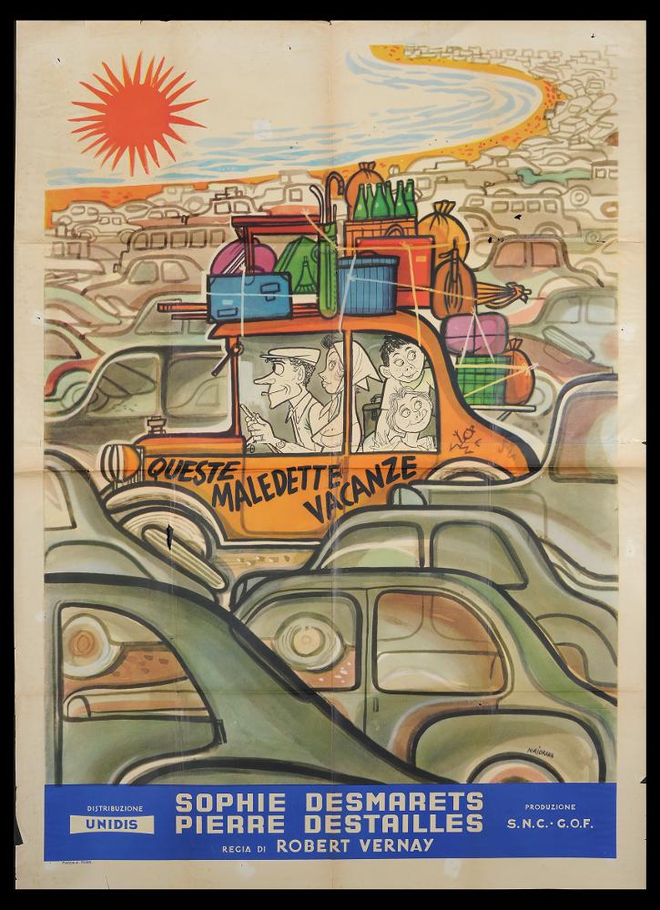 L'immagine riproduce uno dei manifesti conservati presso la Mediateca Regionale Pugliese (vedi Note). Si tratta della versione grafica per il manifesto del film francese “Queste maledette vacanze” del 1955. Majorana (o Maiorana) firma la bella illustrazione di questa composizione, un'unica grande scena in cui l'artista pone l'accento ironico sul "drammatico" periodo delle vacanze estive, in cui tutto il Paese si muove per raggiungere le mete ambite per il relax. Per questo, Majorana rappresenta così il momento di maggior traffico sulle strade, mettendo in evidenza ingegnosamente la famiglia di Giorgio e Claudette, alle prese con il viaggio. In questo bello stile fumettistico, colorato e fresco, il pubblico si riconosceva immedesimandosi nella scena....