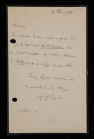 Nella lettera Georges Sorel rilascia a Laterza formale quietanza per aver ricevuto l'assegno con i diritti che gli spettano sull'edizione italiana del suo volume "Réflexions sul la violence".