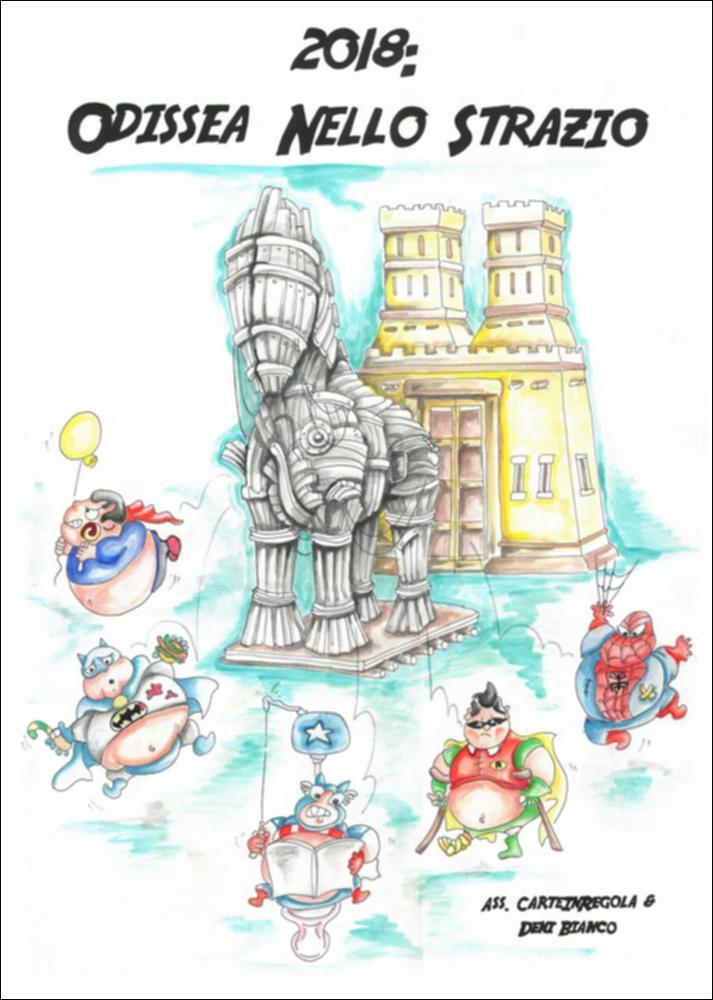 L’edizione 624 del Carnevale di Putignano 2018 ha designato come tema dell’anno “Gli eroi”, e i maestri cartapestai si sono messi in gioco con la loro consueta creatività, sapiente tecnica e fervida passione per la realizzazione dei giganteschi carri allegorici.
Vincitore della 624ª edizione è il carro allegorico “2018 Odissea nello Strazio”, realizzato dall’associazione cArteinregola e guidata dal maestro cartapestaio Deni Bianco.
Il bozzetto dell’opera mette in primo piano il Cavallo di Troia, metafora dell’inganno per eccellenza, circondato da caricature di eroi, grassi ed impacciati.
Ma l’Ulisse raccontato da Omero è un eroe vero, disposto a sacrificare la vita per i propri principi, esempio per tutti di sani ideali e valori universali. La storia ci ha raccontato le...