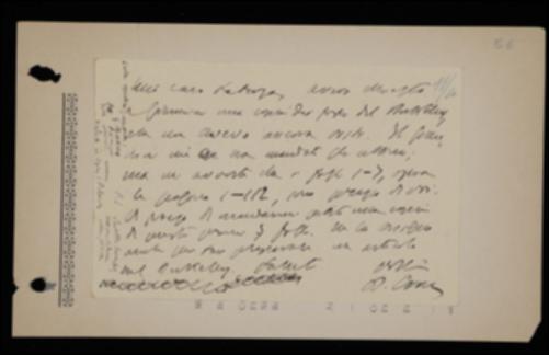 Nella cartolina, Benedetto Croce sollecita Laterza a spedirgli alcuni fogli del volume di George Berkeley, del quale propone la copertina e chiede di esaminarne la bozza.